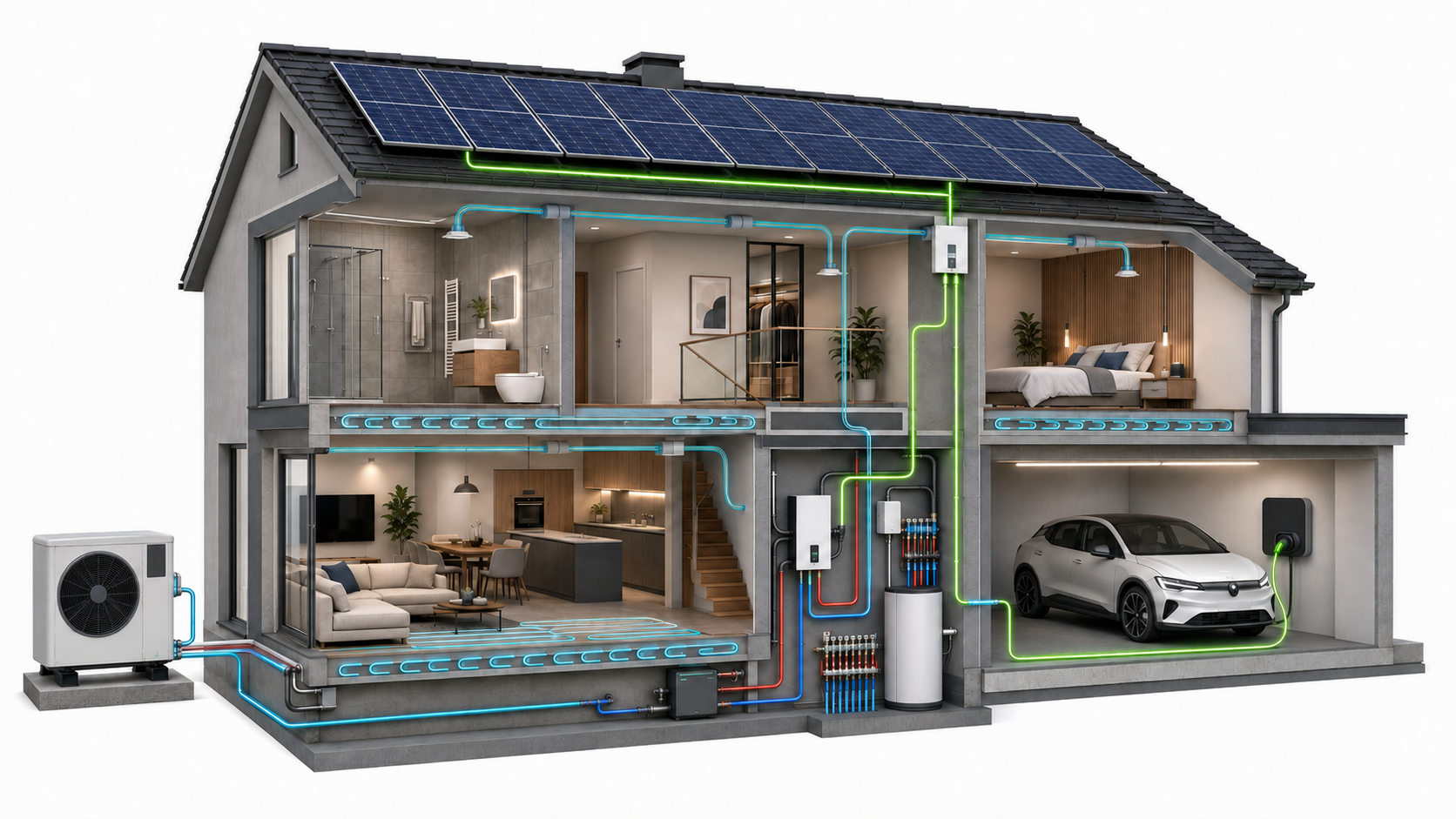 3D-doorsnede van een energiezuinige woning met zonnepanelen, warmtepomp, vloerverwarming, ventilatie en elektrische auto aan de laadpaal.